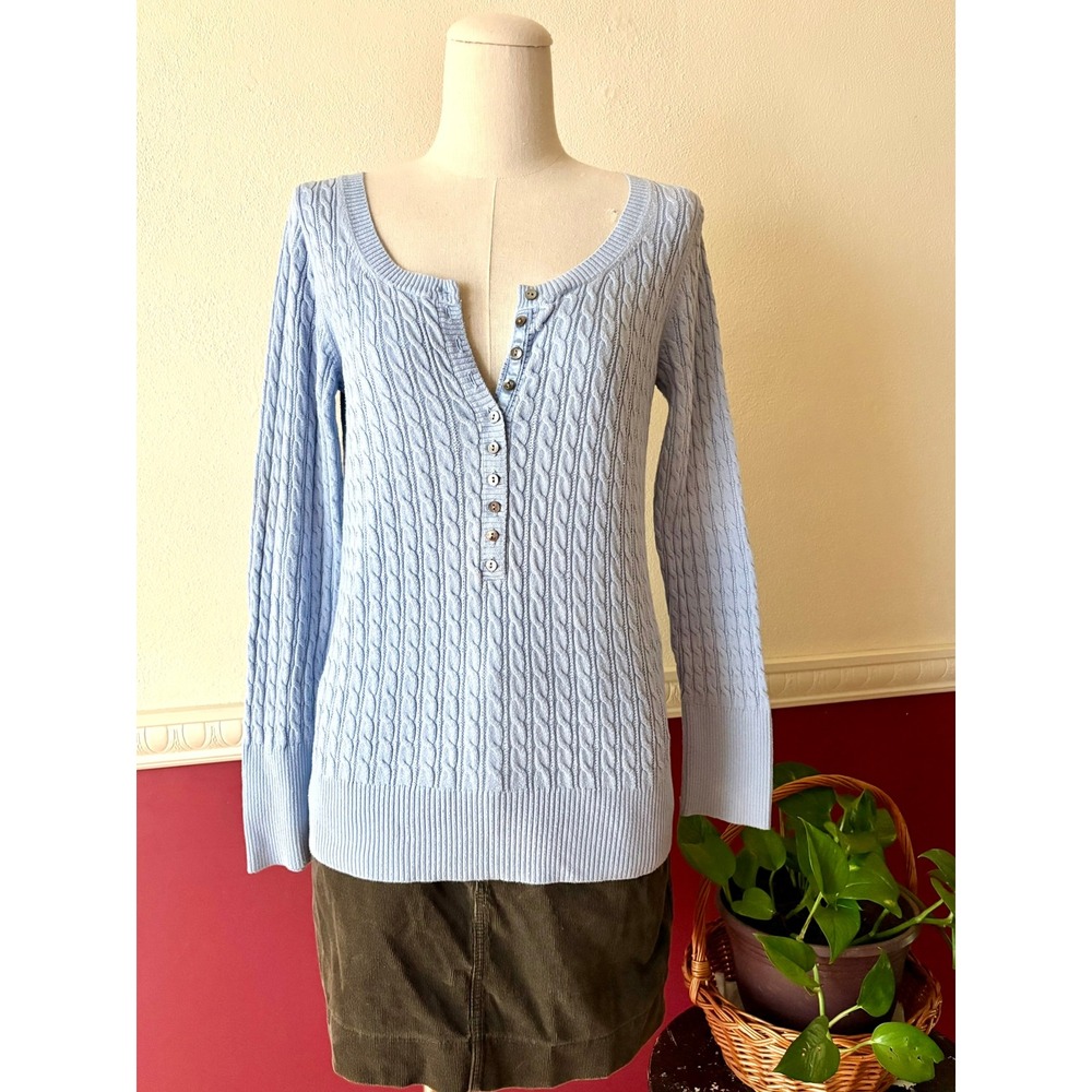 Vintage Y2K Eddie Bauer Light Blue Cable Knit Henley Sweater Scoop Neck M Preppy